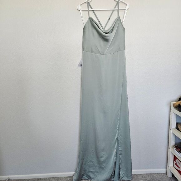 NWT Azazie Naomie Agave A-Line Cowl Neckline Side Slit Stretch Satin Dress, A14 - Picture 2 of 12
